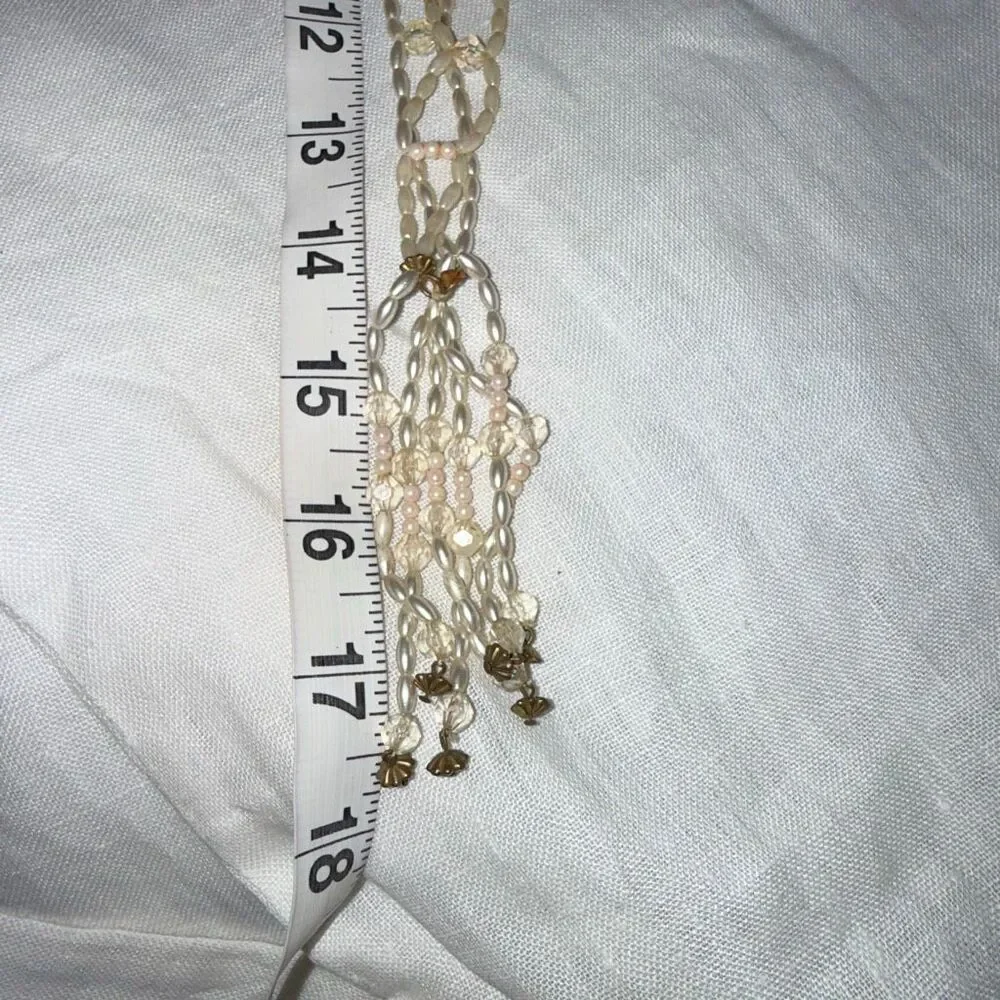 Vintage 1950s Faux Pearl Crystal Tassel Necklace Double Strand Mid Century State